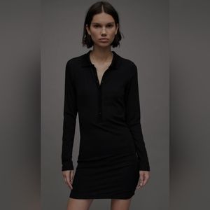 All Saints Size 6 Black Holly Polo Collar Ribbed Mini Dress, Button Front w Logo
